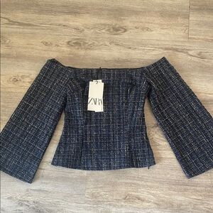 ZARA Off-Shoulder Navy Tweed Top